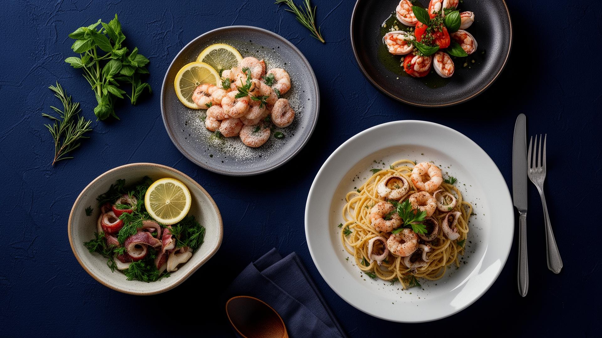 Tavola apparecchiata con piatti di pesce di mare